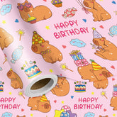 Pink Capybara Birthday Wrapping Paper Roll, Cartoon Capybara With Gifts, Balloons Cake Design For Kids Birthday Parties & Gift Wrapping, Mini Roll 17 In X 16.4 Feet