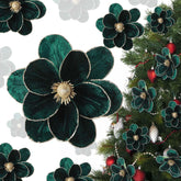 12 Pcs Large Velvet Christmas Poinsettia Magnolia Flowers Ornaments Glitter Big Heads Artificial Magnolia Flowers For Decoration Wedding Decor Supplies(Dark Green)