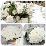 White Roses Artificial Flowers Bulk, 52Pcs Fake Roses White Flowers, Diy Silk Faux Roses Bouquet, Realistic White Faux Flowers Mohter'S Day Valentine'S Day Decor