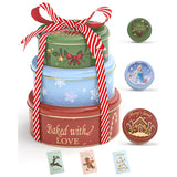 Christmas Cookie Tins With Lids, Set Of 3 Larger Holiday Containers For Homemade Cookies, Gifts, Treats, Reusable Round Metal Storage Boxes With 3 Premium Greeting Cards & 16.5Ft Ribbon