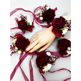 6Pcs/Lot Artificial Rose Flowers Groom Boutonniere Bride Wrist Corsage Bridesmaid Sister Women Hand Flower Wedding Flowers Party Decoration (Burgundy Wrist Corsage)