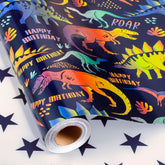 Dinosaur Wrapping Paper Roll,Colorful Dinosaur With Happy Birthday/Roar & Star Reversible Gift Wrap For Kids Birthday, Baby Boy Shower,Party,Celebration - Mini Roll(17 In X 32.8 Ft)