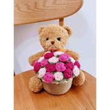 Crochet Rose Bouquet Artificial Flowers Vase Cute Plush Bear Kit Mothers Valentines Day Birthday Anniversary Personalized Thoughtful Romantic Love Gifts Home Decor Pink