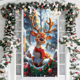 Christmas Door Cover Reindeer Decorations, 6Ft X 3Ft Cute Front Door Xmas Decorations Festive Fabric Door Covers Photo Booth Props