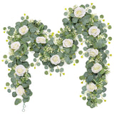 2Pcs(13 Ft) Artificial Eucalyptus Flower Garland With White Rose Flowers,Faux Rose Vine Gypsophila Greenery For Home Party Wedding Table Decor (White, 2Pcs)