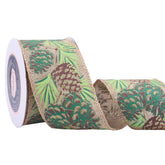 Pine Cones On Burlap Christmas Wired Ribbon, 2.5" X10 Yd Spool For Tree Topper, Wreath, Gifts & Decor