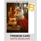 Ragdoll Cat With Cake And Red Rose Greeting Card – Blank Inside – Valentine’S Day, Birthday, Anniversary, Or Thinking Of You Card – Red Rose Collection By – 5X7 In, White Envelope, Made In Usa
