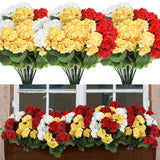 8 Pack 18'' Artificial Geranium Flowers For Outdoors 72 Bushes Fake Geraniums Silk Flowers Uv Resistant Garden Faux Plants Full Blooms Bushes For Garden Home Decor(Ruby Red, Yellow, White)