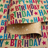 Reversible Birthday Wrapping Paper, Kraft Wrap Paper Mini Roll, Colorful Text Stars Happy Birthday Design For Holiday Party, 17.3 Inch X 32.8 Feet