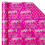 Reversible Birthday Wrapping Paper - Mini Roll - 17 Inch X 9.8 Feet - Hot Pink And Gold Foil Happy Birthday Wrapping Paper For Girls, Women, Kids, Baby Shower