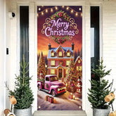 Christmas Door Cover Banner 35X71 Inch Pink Vintage Truck Holiday Decoration With Wreath Gifts And Merry Christmas Lights For Winter Front Door Cover Wall Hanging Seasonal Decor
