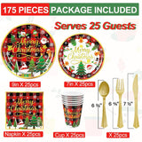 Christmas Party Decorations Supplies - 175 Pcs Merry Christmas Red Plaid Disposable Dinnerware Set Xmas Paper Plates And Napkins Sets With Cups Fork Knive Spoon For Holiday Party Supplies, Serve 25