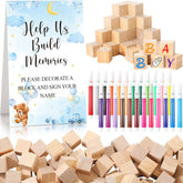 125 Pcs Baby Shower Decorate A Block Game Set Includes Help Us Build Memories Sign 100 Diy Blank Wooden Block 24 Paint Marker Prize For Wedding Baby Shower Game(Bear)