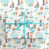 Happy 1St Birthday Wrapping Paper Roll For Boys, Mini Roll, Blue Cute Boy, Gift, Car And Cake Pattern Gift Wrap Paper For Birthday Party And More, 17 Inches X 16.4 Feet, 1 Year Old