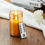 Battery Operated Flickering Flameless Candles With Remote And Timer, Led Candle With 3D Wick Last 1000+ Hours Real Wax Electric Candles Pillar Candle, Gold Glass For Wedding, Festival 3" X 5"