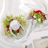 2Pcs Artificial Red Rose Boutonniere And Corsage Set Corsage Wristlet Band For Prom Decor Wedding Party Flower Accessories