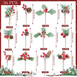 36 Pcs Artificial Christmas Pine Picks Christmas Berries Artificial Stem With Pinecones Apples Bells Christmas Flower Picks For Christmas Tree Wreath Arrangement Winter Holiday Decor
