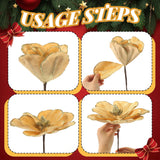 15 Pcs Christmas Magnolia Flowers Ornaments 3.15'' 5.91'' 8.27'' Large Artificial Magnolia Velvet Fold Poinsettia Stems For Christmas Tree Wreath Holiday Decor(Gold)