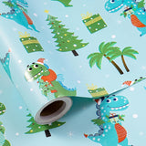 Christmas Dino Wrapping Paper Roll For Kids Boys, Cute Cartoon Dinosaur Gift Wrap With Presents Trees For Christmas Holiday, Party Decor, Mini Roll 17 In X 16.4 Feet