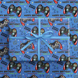 Video Game Birthday Wrapping Paper Roll For Boys, Mini Roll, Blue Game Controller Pattern And Gamer Text Gift Wrap Paper For Birthday, Game Party, Holiday, 17 Inches X 16.4 Feet