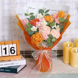 Crochet Flower Bouquet, Orange Hand Knitted Artificial Flowers With Crochet Tulip Rose For Valentine'S Day, Wedding, Anniversary, Birthday, Gift For Lover Girlfriend Wife Mother Women
