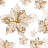 24 Pieces Christmas Artificial Glitter Poinsettia Flowers Xmas Flowers Wedding Christmas Tree New Year Ornaments(Gold)