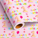 1St Birthday Wrapping Paper Roll - Pink Happy Birthday With Balloon Gift Wrap Sheets For Kids Girls Baby Shower Party Decoration Celebration Total 28.5Sq.Ft
