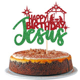 1 Pcs Happy Birthday Jesus Cake Topper Glitter Merry Christmas Nativity Jesus Birthday Cake Pick For Nativity Scene Theme Christmas Jesus Birthday Party Cake Decorations Supplies Green Red