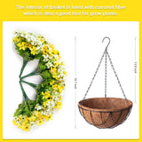 Artificial Silk Flowers Hanging Baskets Outdoors,Chrysanthemum With Eucalyptus Leaves Arrangement For Garden Yard Decor,Faux Plant In Metal Coconut Lining Flowerpot(Yellow)