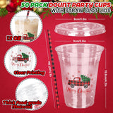 50Pcs Merry Christmas Party Cups Plaid Truck Snowflake Tree Disposable Clear Plastic Cups With Flat Lids Plaid Straw Party Supply Drinkware For Xmas Coffee Beer Beverage