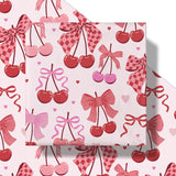 Cherry Bow Wrapping Paper Roll, Mini Roll, Romantic Cherry Bow Tie Ribbon Gift Wrap, Pink And Red Wrap Paper For Girl Birthday, Valentine'S Day, Bachelorette, Anniversary, 17 Inch X 9.8 Feet