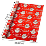 Christmas Wrapping Paper Roll - 17 Inches X 32.8 Feet Red White Metallic Foil Shine Cute Present Packing Paper - Santa Claus/Snowflakes/Merry Christmas Lettering Design