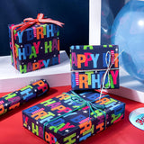 Birthday Wrapping Paper - Mini Roll - 17 Inch X 33 Feet - Blue Happy Bday Wrapping Paper For Kids Boys Adult Birthday, Baby Shower, Wedding