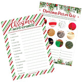 Christmas Party Games, Festive Holiday Word Scramble And Christmas Picture Quiz (2 Game Bundle) - 25 Dual Sided Cards