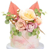 22Pcs Rose Artificial Flower Leaves Cake Topper Decorations Gold Balloon Cake Toppers Leaf Paper Palm Fan Cake Picks For Diy Wedding Birthday Valentine'S Day Party Decorations Supplies Pink