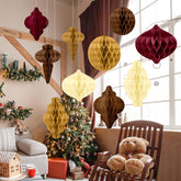 10 Pcs Jumbo 10-14 Inch Christmas Honeycomb Paper Ornaments Hanging Xmas Honeycomb Balls Reusable Vintage Christmas Paper Lantern For Holiday Indoor Tree Party Decor(Red Brown Colors)