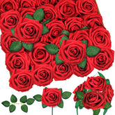 Wlt 25Pcs Red Roses Artificial Flowers Bulk For Christmas Decorations Indoor Outdoor, Dark Red Fake Roses Real Looking Foam Rose With Stems Diy Wedding Bouquets Floral Valentine'S Day