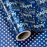 Reversible Birthday Wrapping Paper - Mini Roll - 17 Inch X 9.8 Feet - Blue And Gold Foil Happy Birthday Wrapping Paper For Boys, Men, Kids, Baby Shower