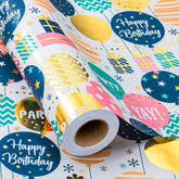 Birthday Wrapping Paper Roll - Cute Colorful Balloon With Gold Foil Metallic Shine Gift Wrap Paper For Birthday, Baby Shower, Party - Mini Roll - 17 Inch X 33 Feet