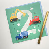 Old English Co. First Birthday Card For Boy Or Girl - Happy 2Nd Birthday Card For Two Year Old - Digger, Tractor, Construction Vehicle Theme - Age 2 - Grandson, Son, Daughter | Blank Inside Envelope…