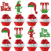 24 Pack Elf Cupcake Toppers Green Red Glitter Santa Hat I'M Back Elf Legs Christmas Cupcake Picks For Merry Christmas New Year Holiday Baby Shower Birthday Party Cake Decorations