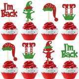 24 Pack Elf Cupcake Toppers Green Red Glitter Santa Hat I'M Back Elf Legs Christmas Cupcake Picks For Merry Christmas New Year Holiday Baby Shower Birthday Party Cake Decorations
