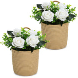 Artificial Roses Flowers With Jute Hanging Basket Pack Of 2, Faux Flannel Floral Eucalyptus Arrangement For Entryway Kitchen Bedroom Living Room Home Decorations - White