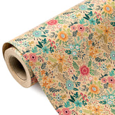 Kraft Floral Wrapping Paper Roll - Mini Roll - 17 Inch X 9.8 Feet - Spring Summer Garden Flower Design Perfect For Wedding, Bridal Shower, Birthday