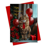Maine Coon Cat Valentines Day Greeting Card – Premium 5X7 Inch Blank Card For Personalized Messages – Elegant Cat Design With Red Roses, Balloons, And Gift Box – Includes Red Envelope