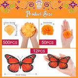 562 Pcs Dia De Los Muertos Decor 50 Marigold Flowers Heads 12 Artificial Butterfly Decorations And 500 Orange Artificial Flower Petals Halloween Day Of The Dead Decor Set For Home Fall Party