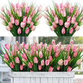 12 Bundles 60 Heads Artificial Tulips Fake Flowers Outdoor Uv Resistant Silk Tulip Faux Plastic Greenery Shrubs Plants For Outside Planter Porch Garden Patio Decor (Pink)