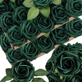 50Pcs Emerald Green Artificial Flowers Foam Fake Dark Hunt Green Rose With Stems 12 Leaves Real Looking Faux Roses For Wedding Bouquets Bridal Shower Centerpieces Arrangements Party Tables Decoration