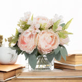 Artificial Flower Arrangement With Vase,Mixed Artificial Silk Peony Flower In Vase For Decoration Home Office, Wedding Centerpiece (Pink)