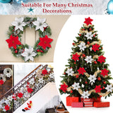 40Pcs Poinsettia Artificial Christmas Flowers With 40Pcs Clips And 40Pcs Stems Red Silver Xmas Flowers Glitter Christmas Tree Ornaments Xmas Wedding Party Decoration New Year Ornaments